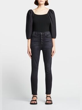 MOTHER The Pixie Swooner Ankle Fray‎ Jeans Thunder Road Black Gray Button Fly 26